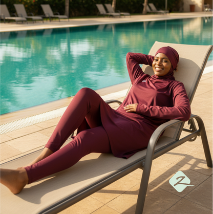 ZAIBA Modest ActiveFlow Hooded Tunic Top & Leggings Set - Maroon