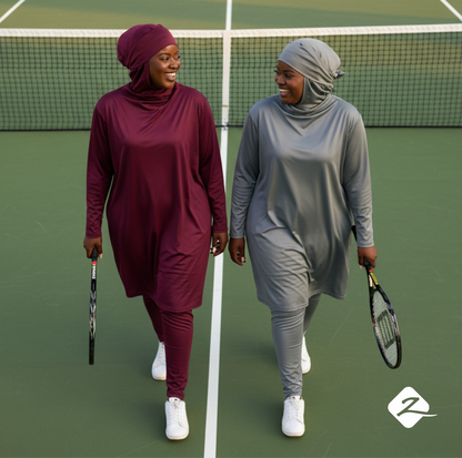 ZAIBA Modest ActiveFlow Hooded Tunic Top & Leggings Set - Maroon