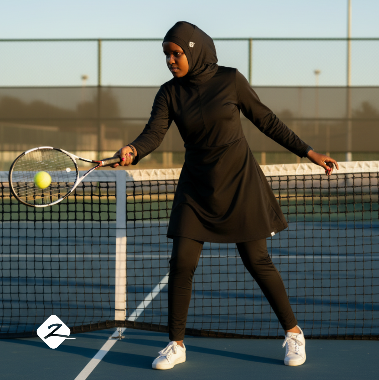 ZAIBA Modest ActiveFlow Jumpsuit With Skirt & Hijab Set - Black