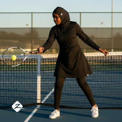 ZAIBA Modest ActiveFlow Jumpsuit With Skirt & Hijab Set - Black