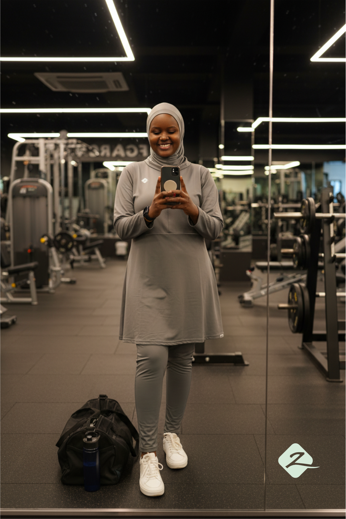 ZAIBA Modest ActiveFlow Jumpsuit With Skirt & Hijab Set - Grey
