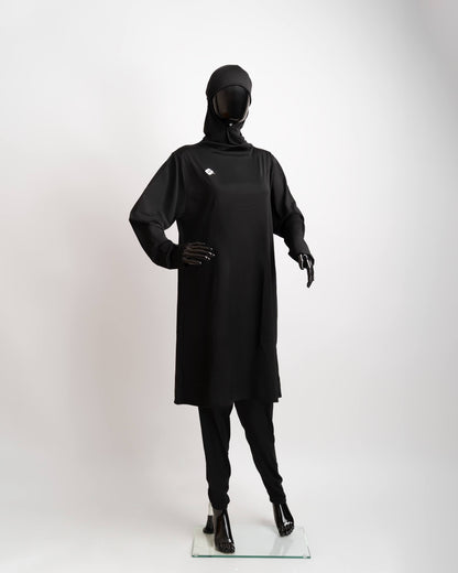 ZAIBA Modest ActiveFlow Hooded Tunic Top & Leggings Set - Black