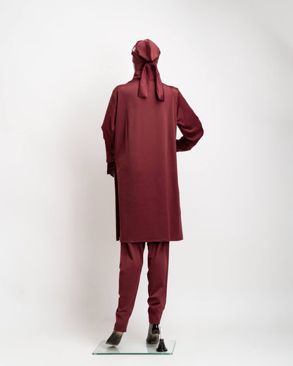 ZAIBA Modest ActiveFlow Hooded Tunic Top & Leggings Set - Maroon