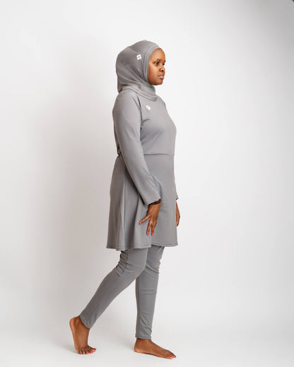 ZAIBA Modest ActiveFlow Jumpsuit With Skirt & Hijab Set - Grey