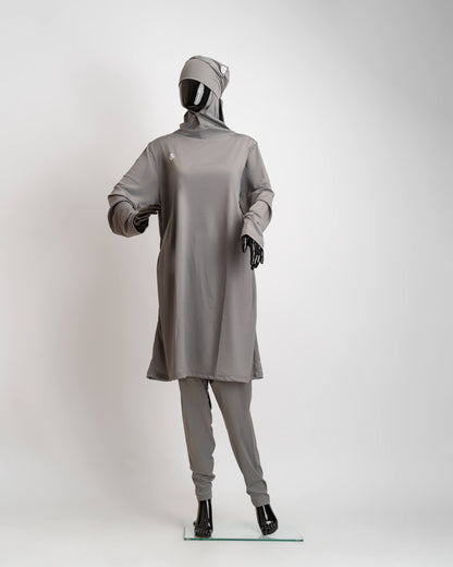 ZAIBA Modest ActiveFlow Hooded Tunic Top & Leggings Set - Grey