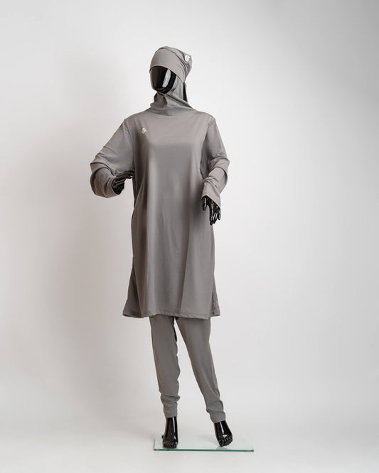 ZAIBA Modest ActiveFlow Hooded Tunic Top & Leggings Set - Grey