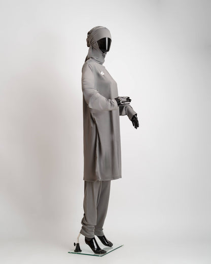 ZAIBA Modest ActiveFlow Hooded Tunic Top & Leggings Set - Grey