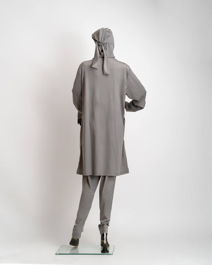ZAIBA Modest ActiveFlow Hooded Tunic Top & Leggings Set - Grey