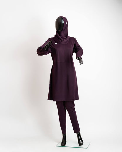 ZAIBA Modest ActiveFlow Jumpsuit With Skirt & Hijab Set - Purple