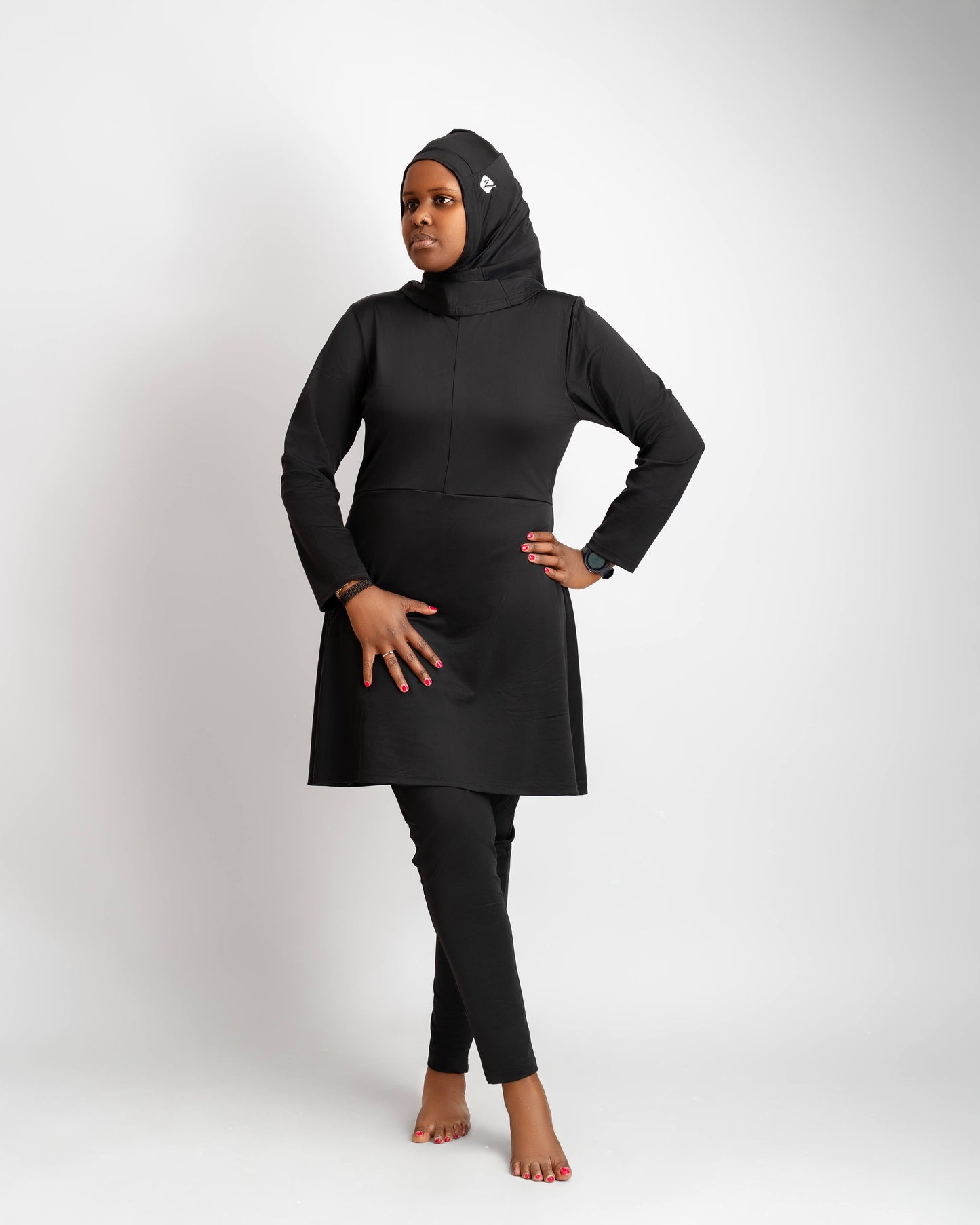 ZAIBA Modest ActiveFlow Jumpsuit With Skirt & Hijab Set - Black