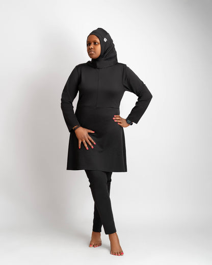 ZAIBA Modest ActiveFlow Jumpsuit With Skirt & Hijab Set - Black