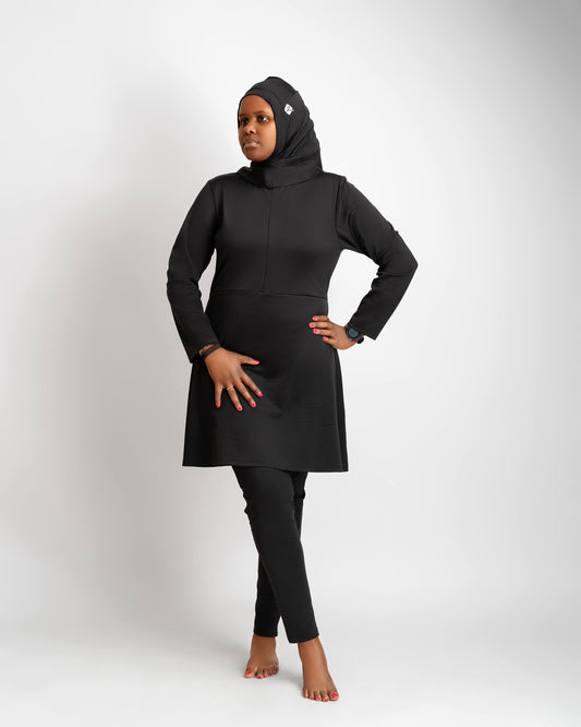 ZAIBA Modest ActiveFlow Jumpsuit With Skirt & Hijab Set - Black