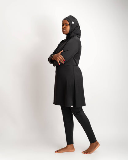 ZAIBA Modest ActiveFlow Jumpsuit With Skirt & Hijab Set - Black