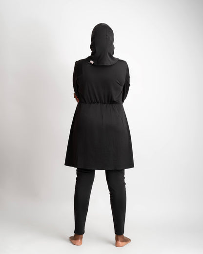 ZAIBA Modest ActiveFlow Jumpsuit With Skirt & Hijab Set - Black