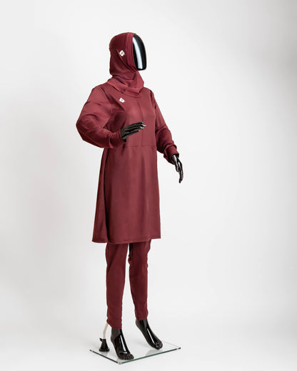 ZAIBA Modest ActiveFlow Jumpsuit With Skirt & Hijab Set - Maroon