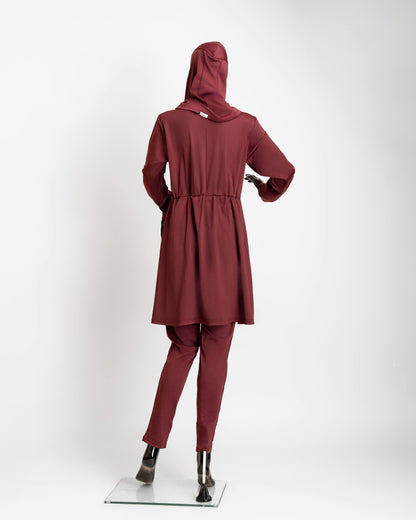 ZAIBA Modest ActiveFlow Jumpsuit With Skirt & Hijab Set - Maroon