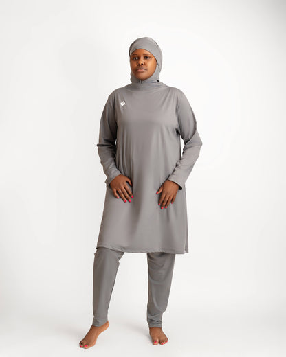 ZAIBA Modest ActiveFlow Hooded Tunic Top & Leggings Set - Grey