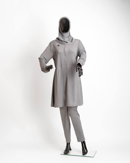 ZAIBA Modest ActiveFlow Jumpsuit With Skirt & Hijab Set - Grey