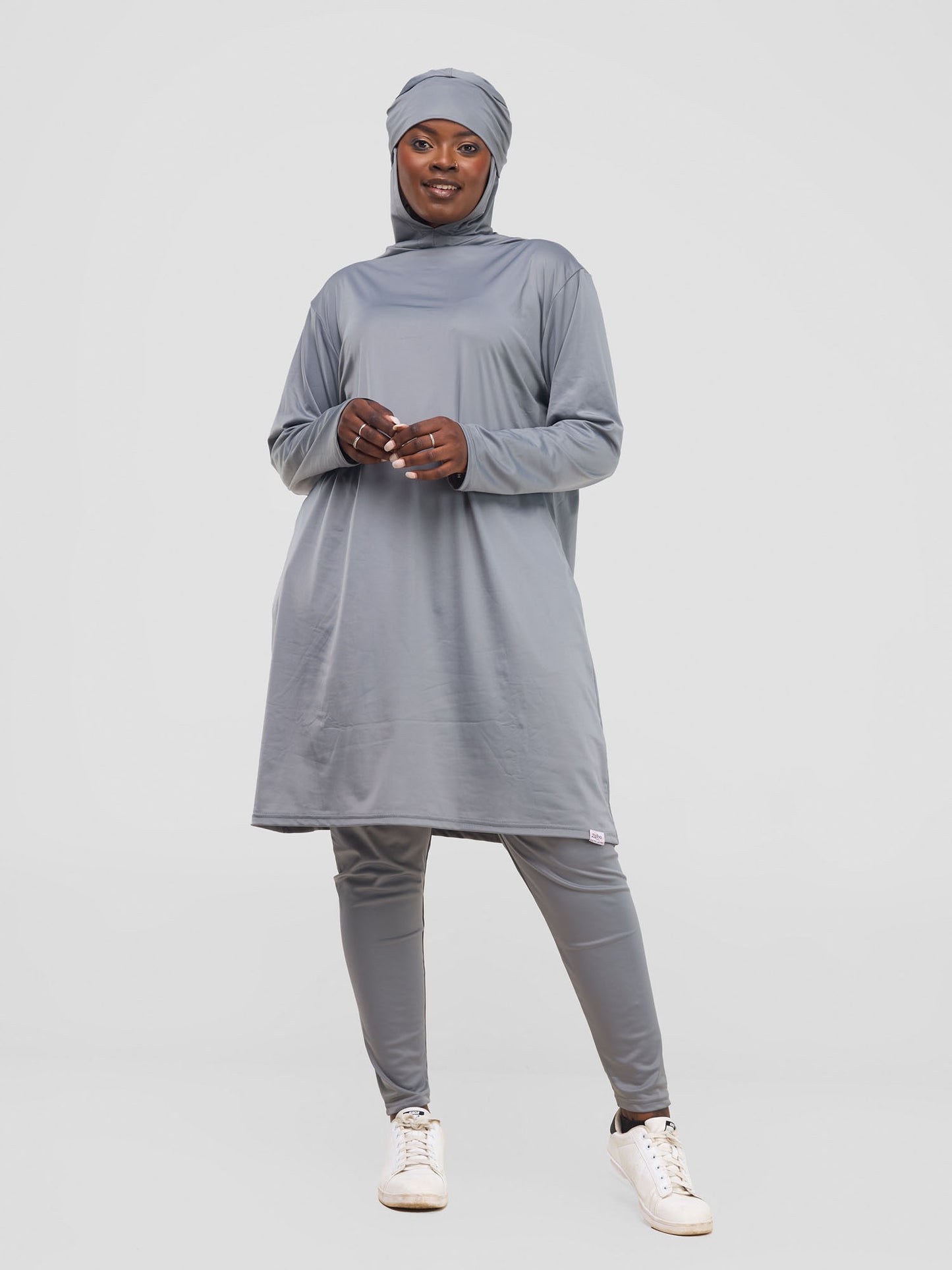 ZAIBA Modest ActiveFlow Hooded Tunic Top & Legging Set - Grey