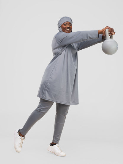 ZAIBA Modest ActiveFlow Hooded Tunic Top & Legging Set - Grey