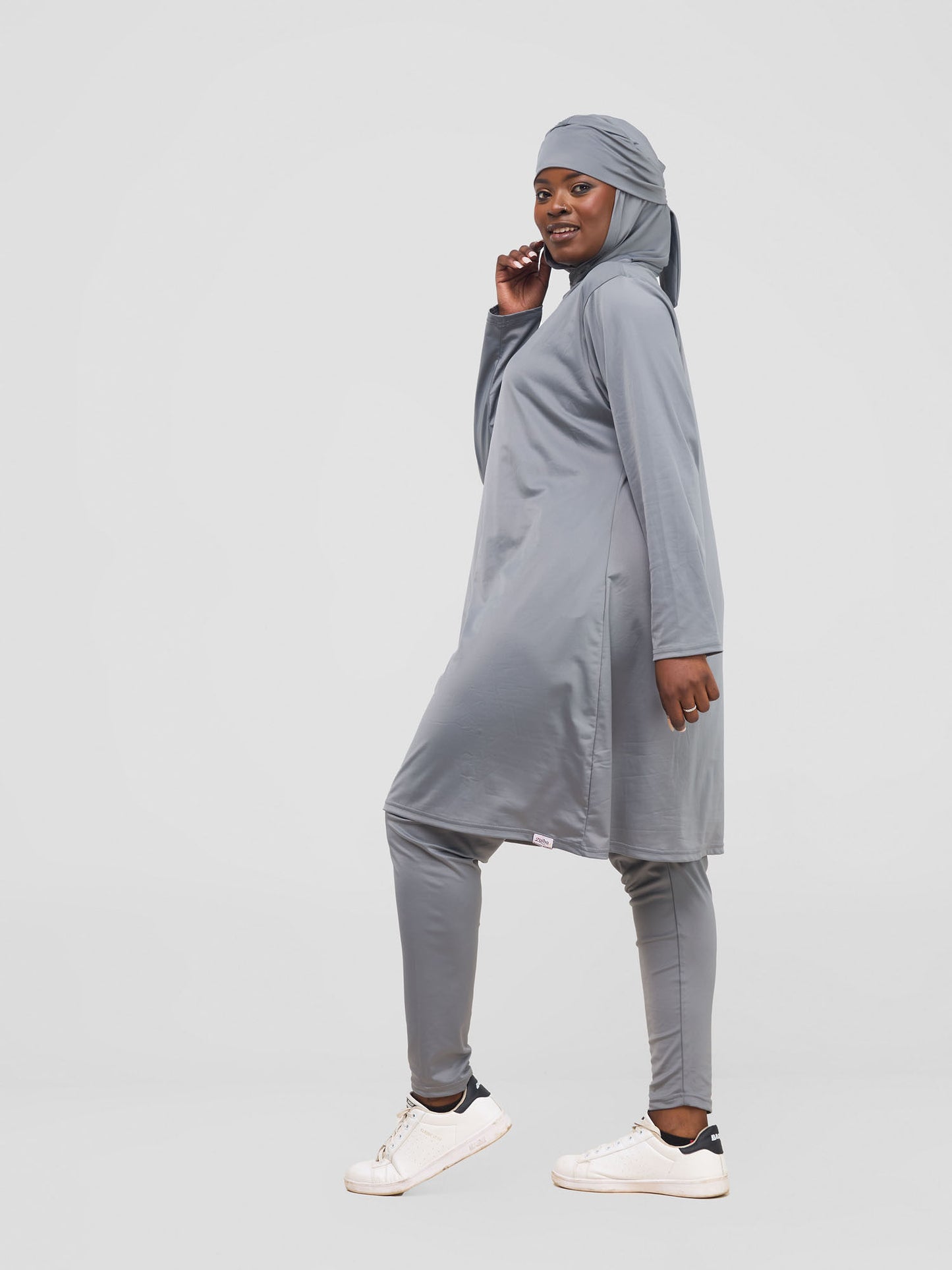 ZAIBA Modest ActiveFlow Hooded Tunic Top & Legging Set - Grey