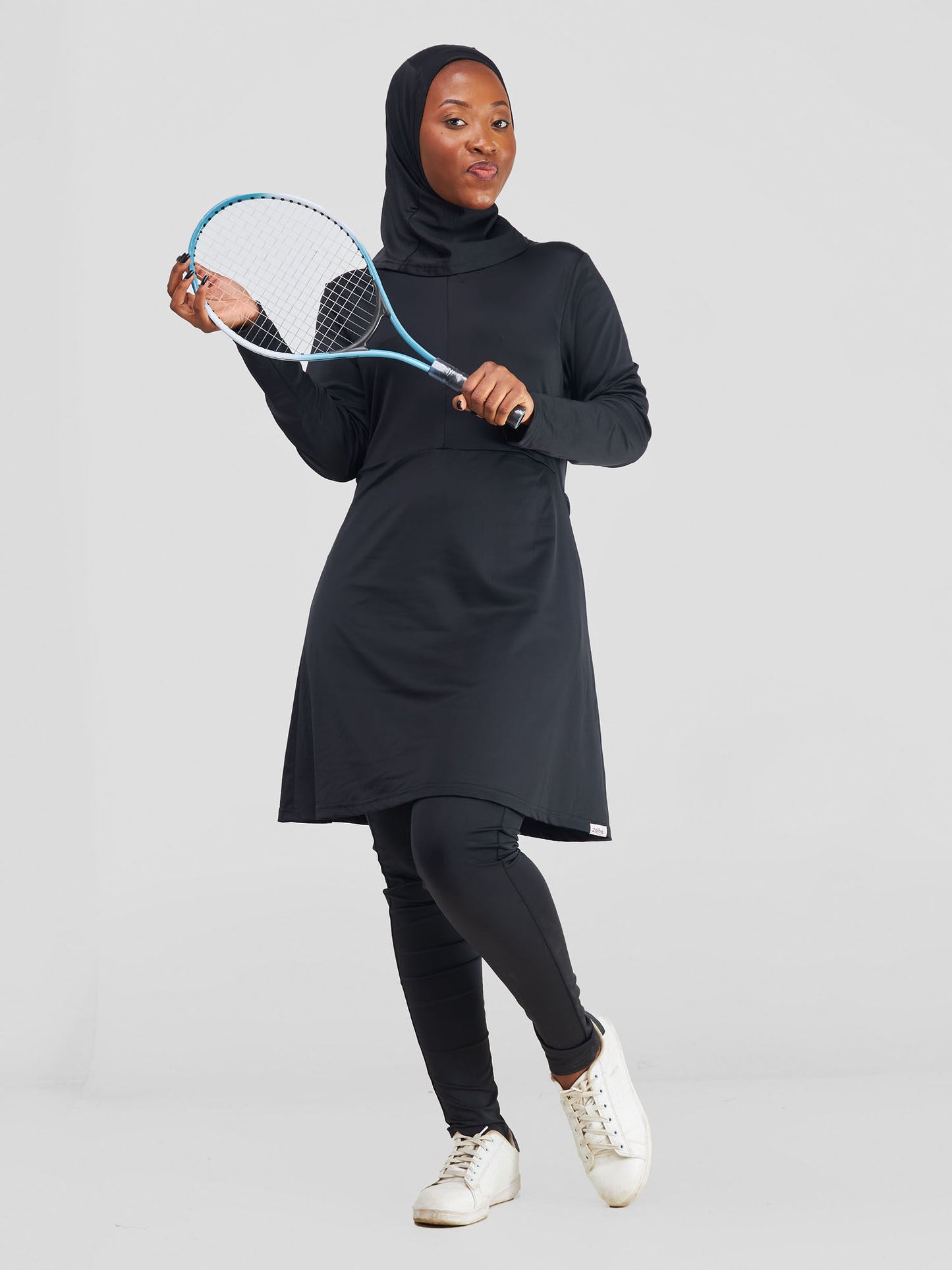 ZAIBA Modest ActiveFlow Jumpsuit With Skirt & Hijab Set - Black