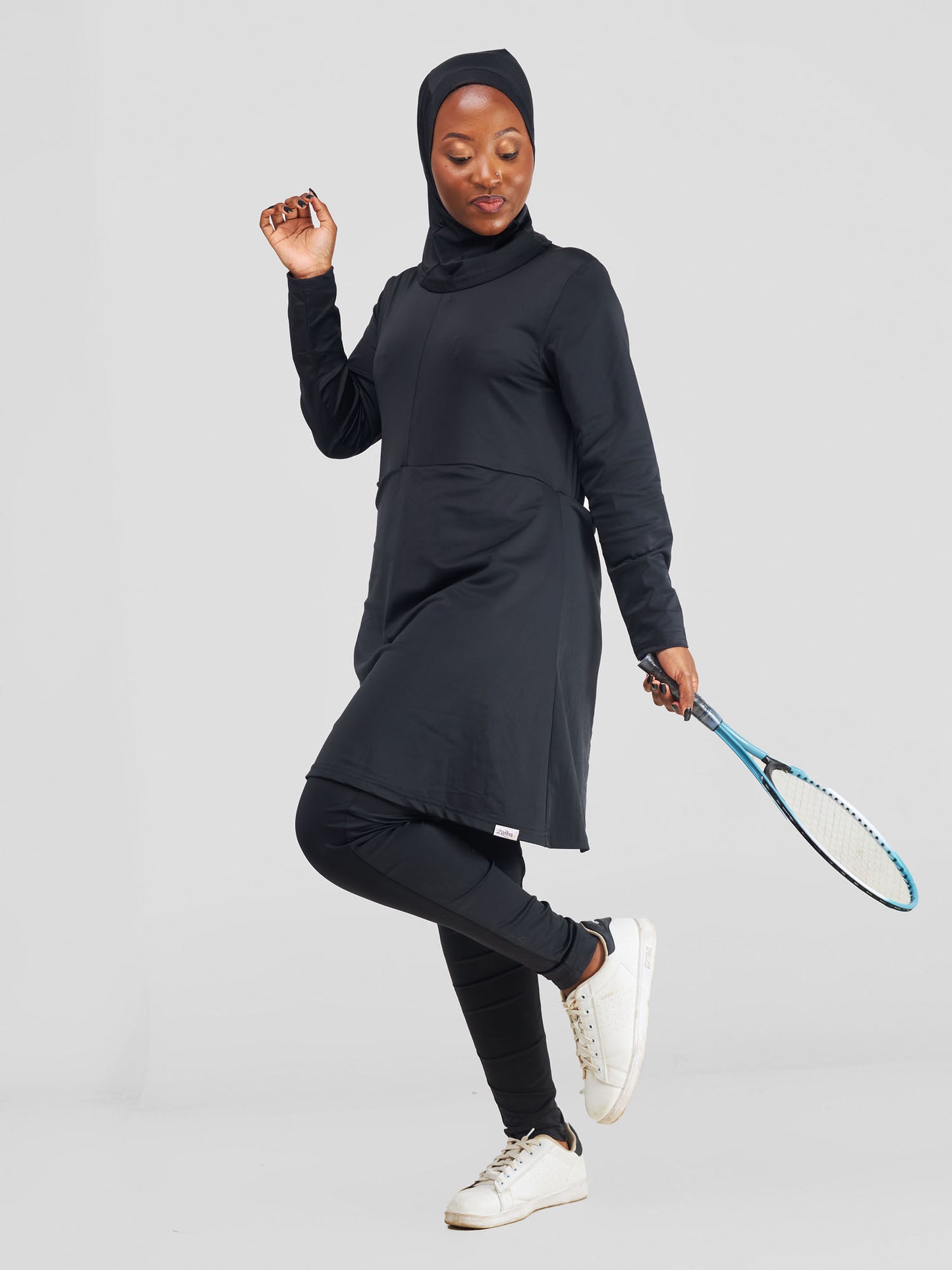 ZAIBA Modest ActiveFlow Jumpsuit With Skirt & Hijab Set - Black