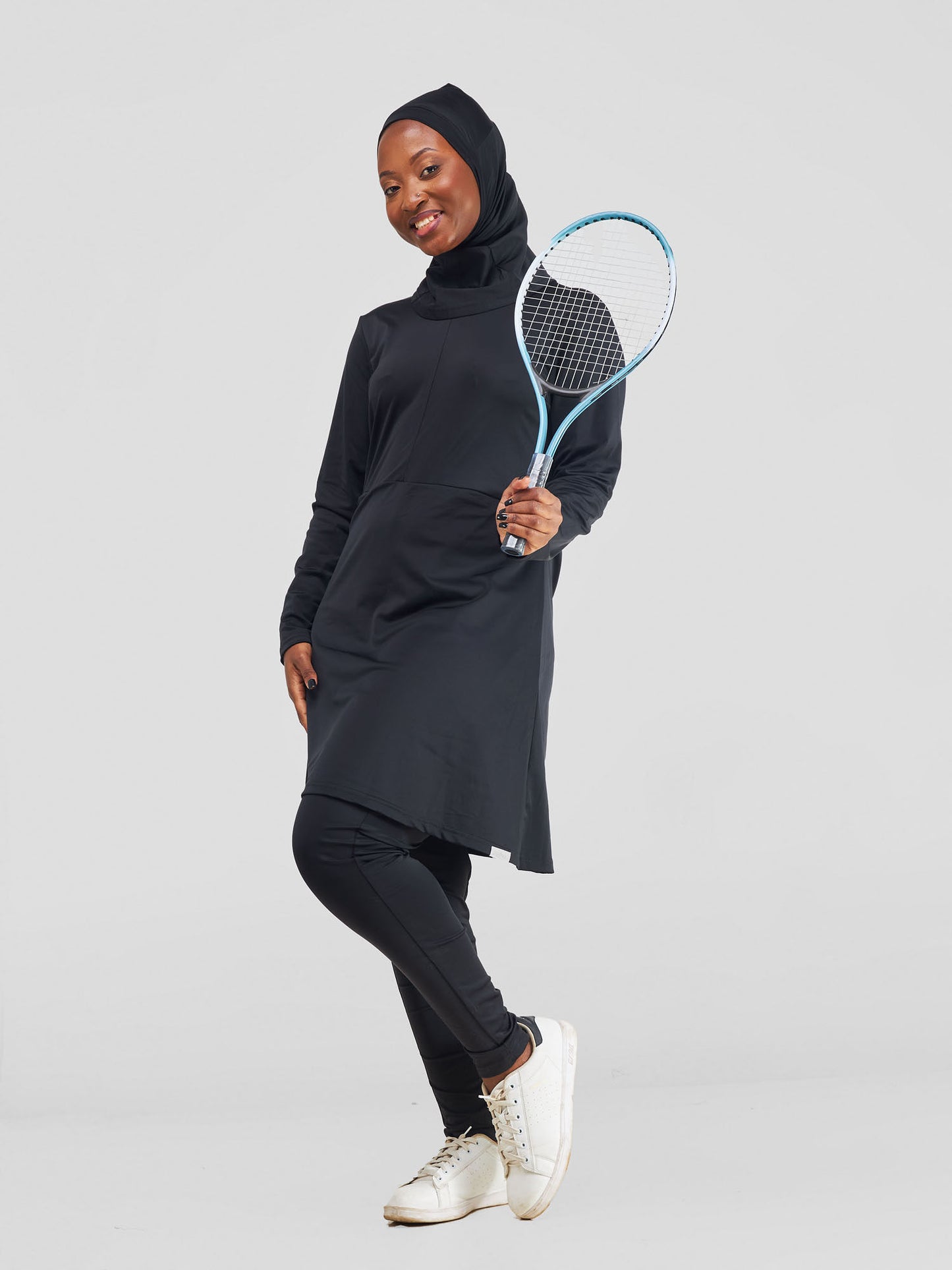 ZAIBA Modest ActiveFlow Jumpsuit With Skirt & Hijab Set - Black