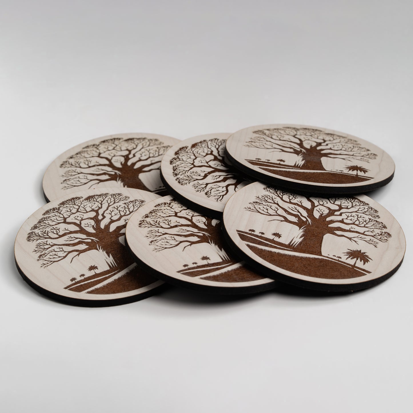 ZAIBA Home MBUYU Light Circle | 6PC WOODEN COASTERS